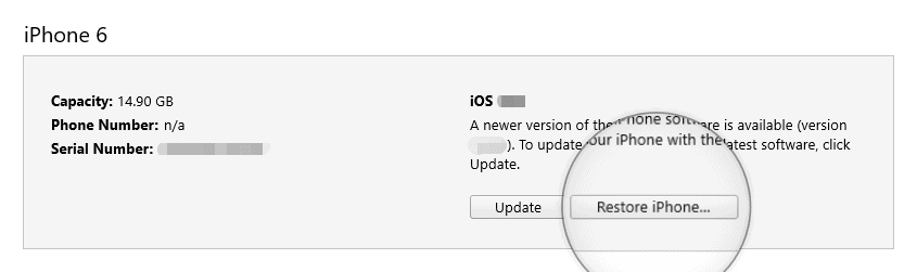 Restore iPhone button iTunes