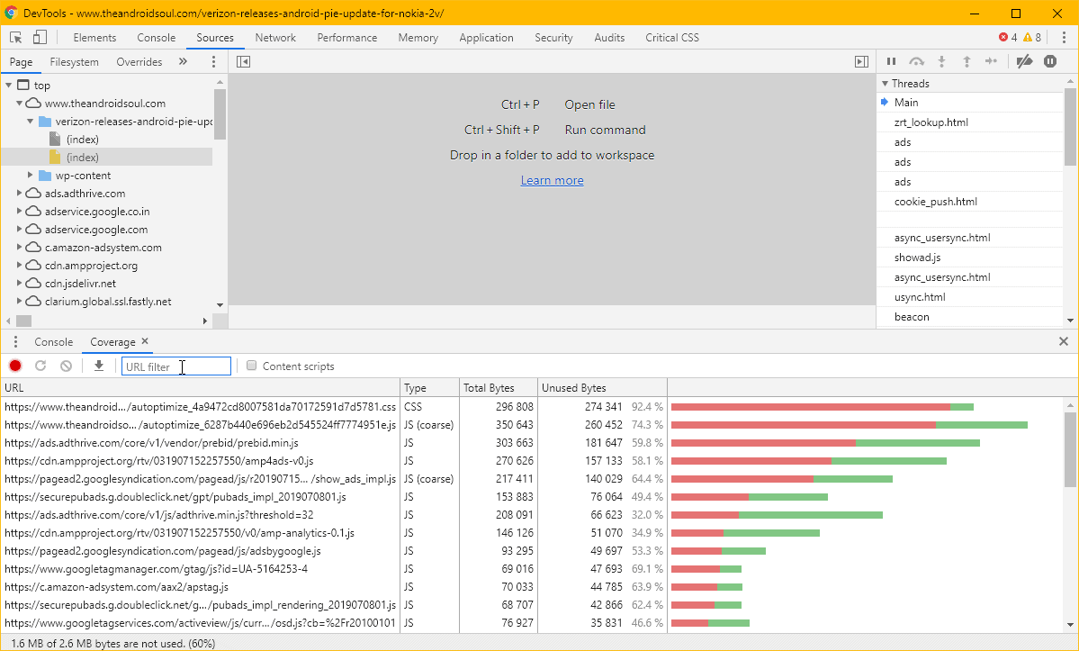 Chrome Source Coverage Tab URL Filter