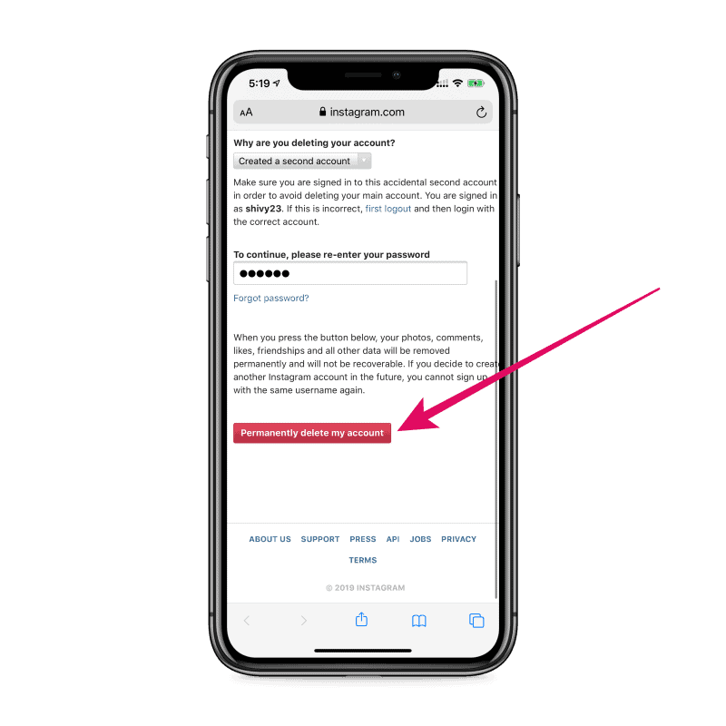 Permanently delete Instagram account from iPhone