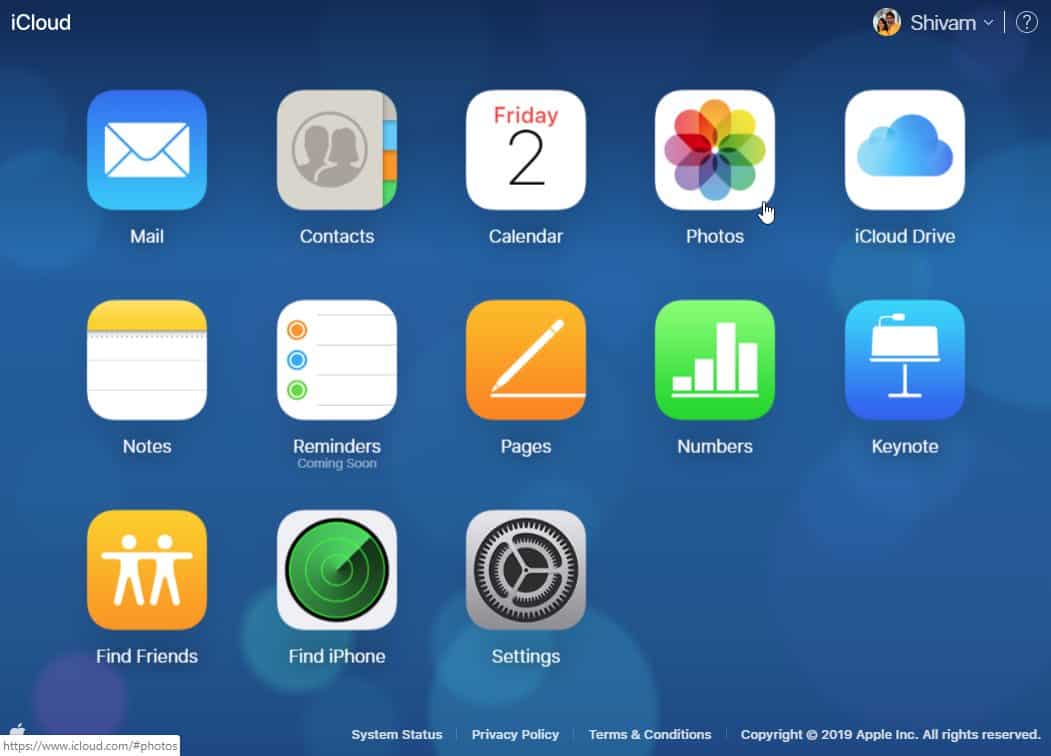 iCloud Dashboard Menu Photos