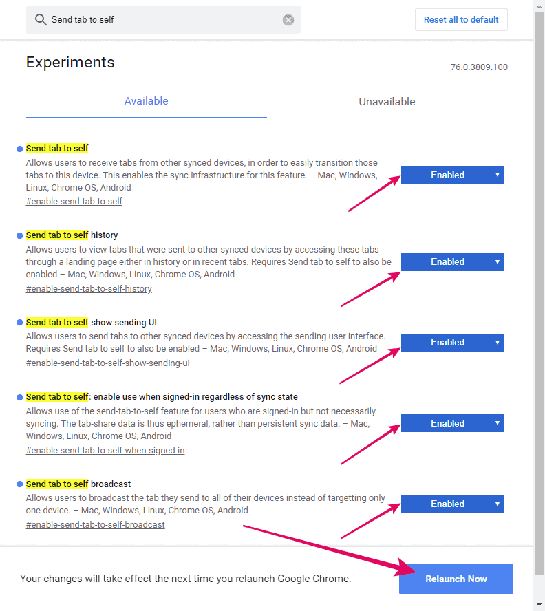 Enable Send tab to self Chrome Flags