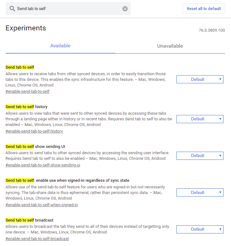 Chrome flags Send tab to self