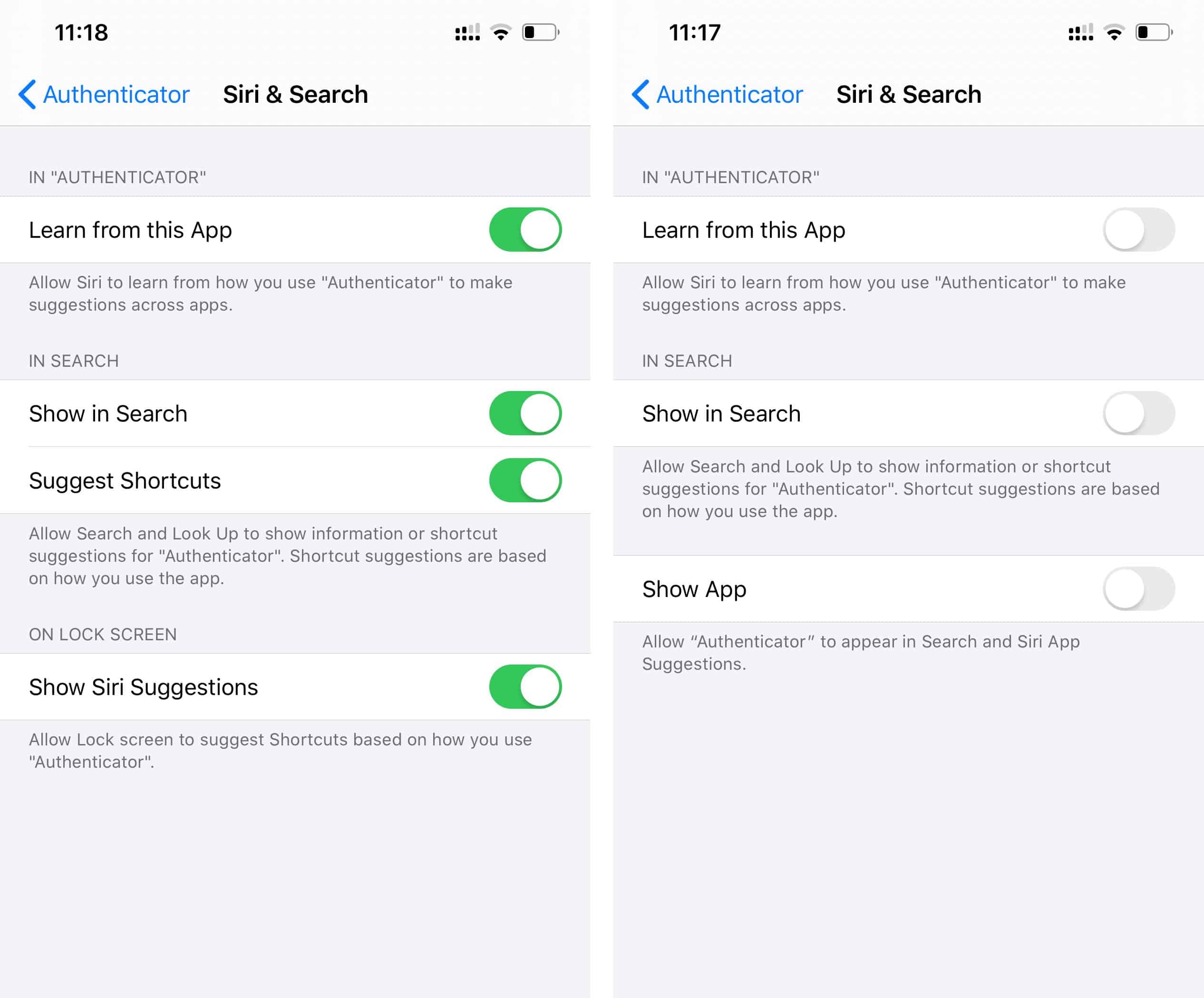 Turn off Siri and Search options app settings