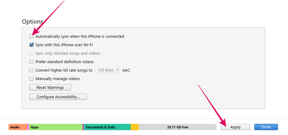 Disbale automatic sync in iTunes for iPhone