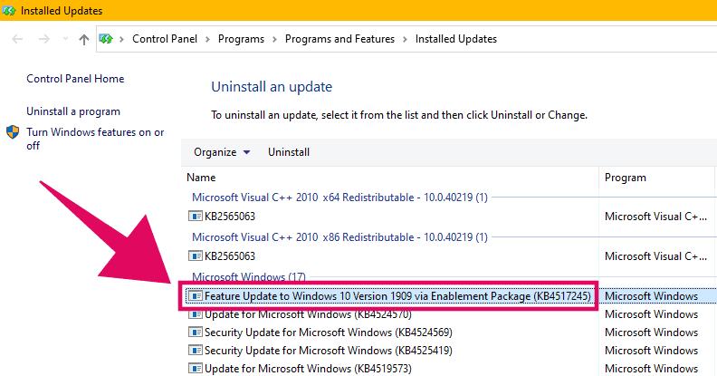 Uninstall Windows 10 1909 update