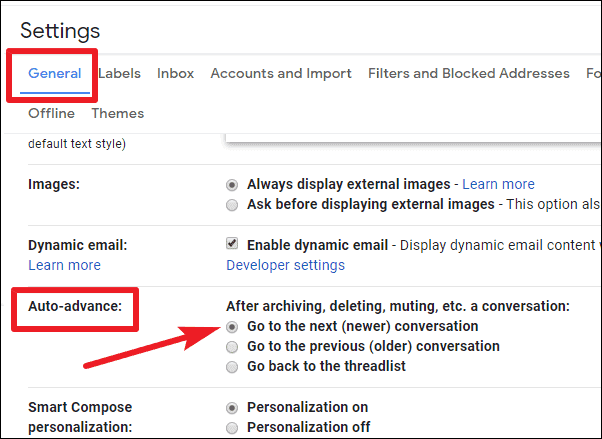 Select an action for Auto-advance in Gmail