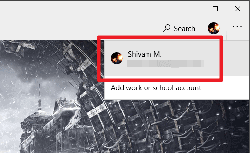 Select account in Microsoft Store