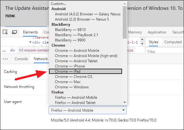 Selecting Chrome – iPad user agent