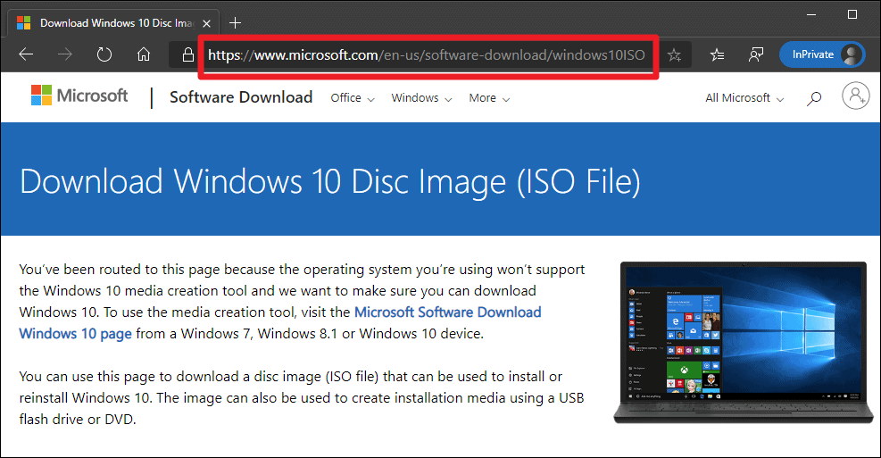 Windows 10 ISO download page