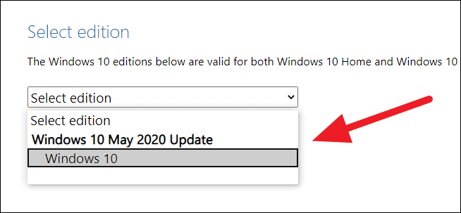 Selecting Windows 10 May 2020 Update edition
