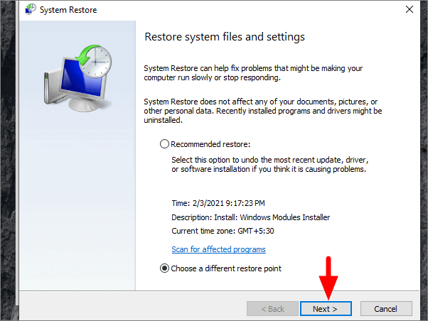 Choose restore point