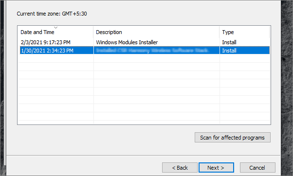 Select restore point