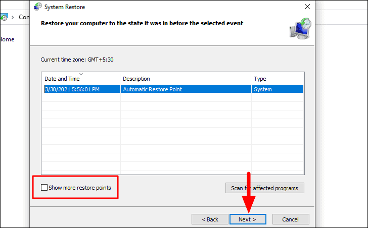 Select a restore point
