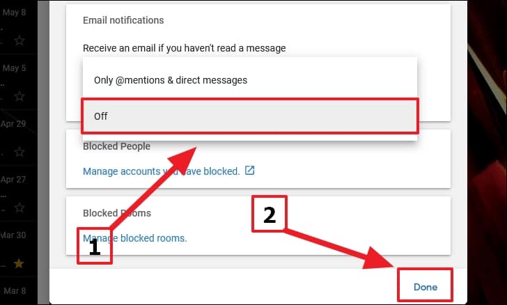 Select off from dropdown to disable emails for Google Chat notifications