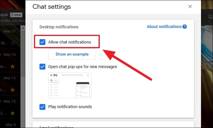 Disable Google Chat notifications in Gmail for desktop