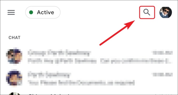 Search icon in Google Chat mobile app
