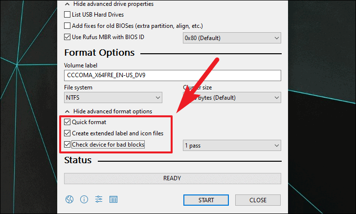 Check advanced options to format the USB drive for Windows 11