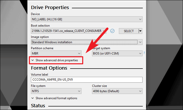 Show advanced drive properties to Create a Windows 11 USB Drive