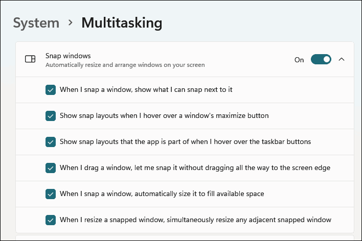 Snap windows options