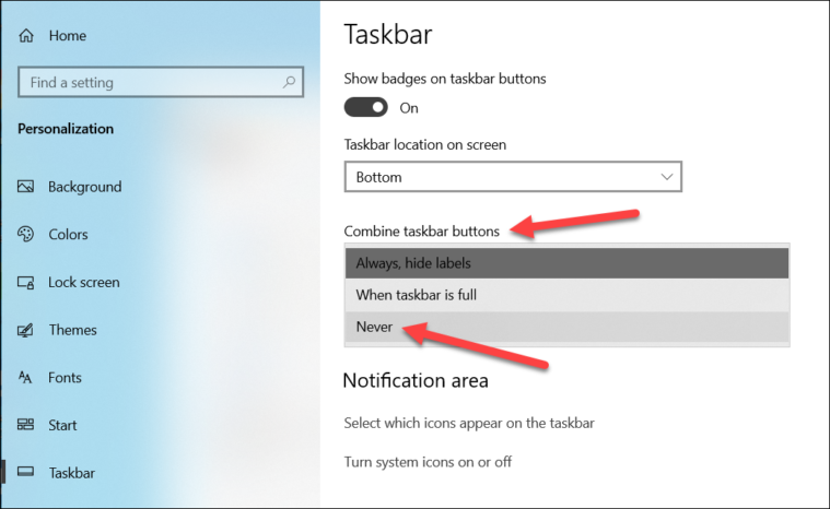A screenshot of Taskbar settings from Windows 10 showing the option to disable taskbar buttons combining.