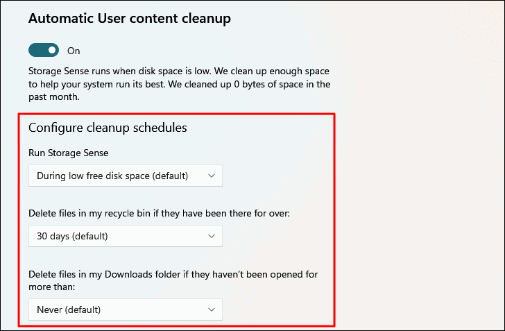 Storage Sense settings