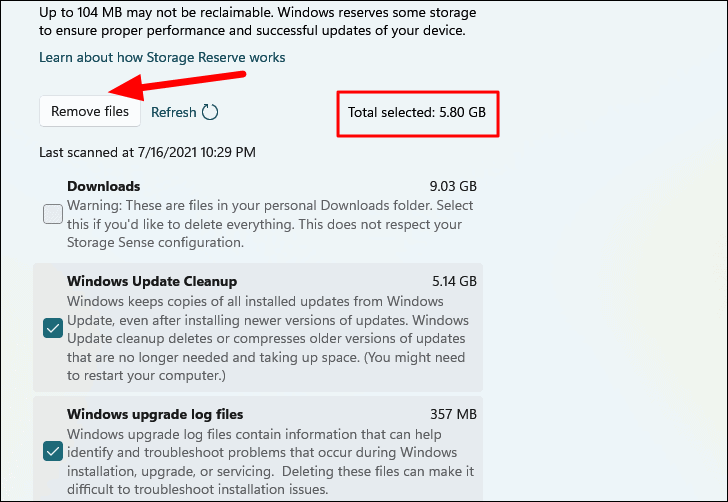 Temporary files selection