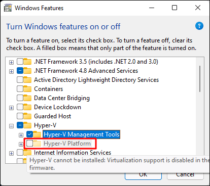 Hyper-V Platform greyed out.