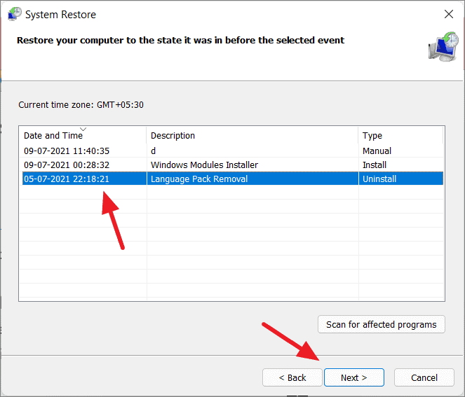 Select restore point