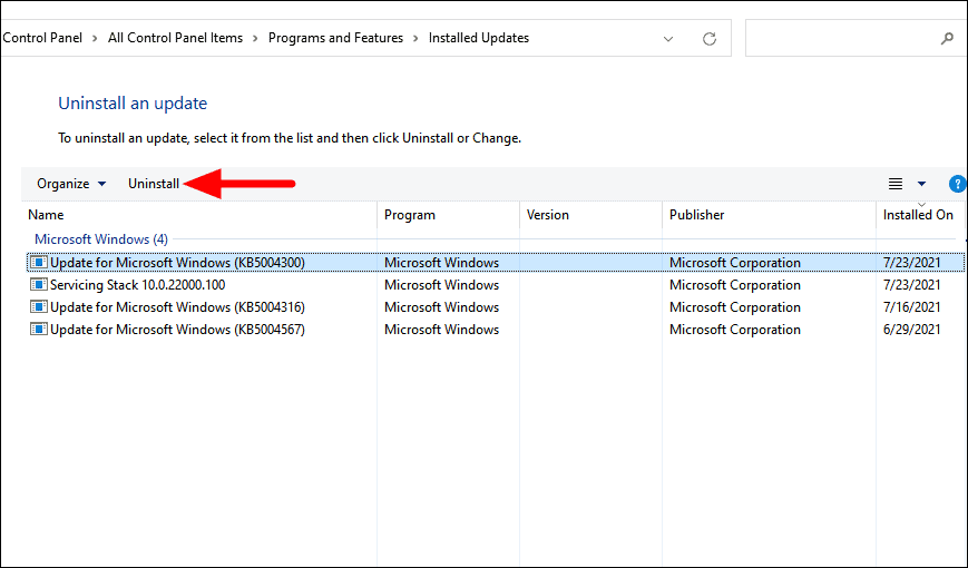 Uninstall updates option