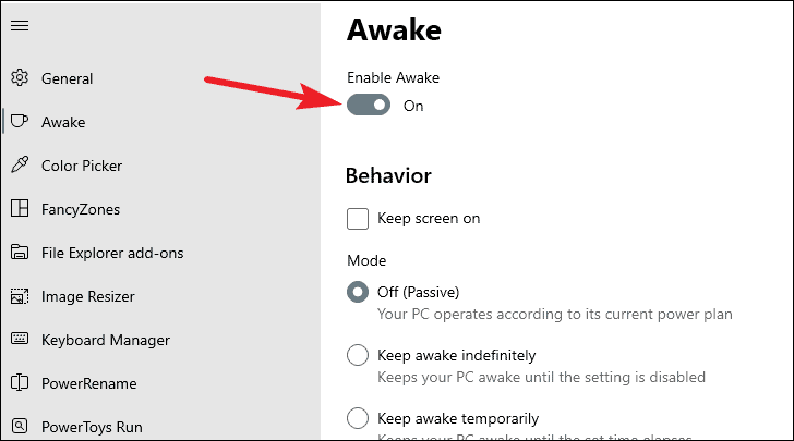 Enabling Awake in PowerToys