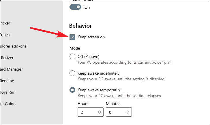 Keep screen on option in Awake