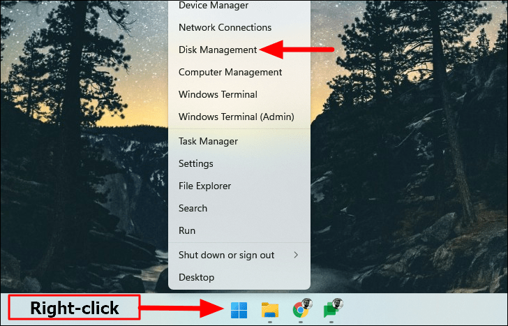 Quick Access menu with Disk Management option