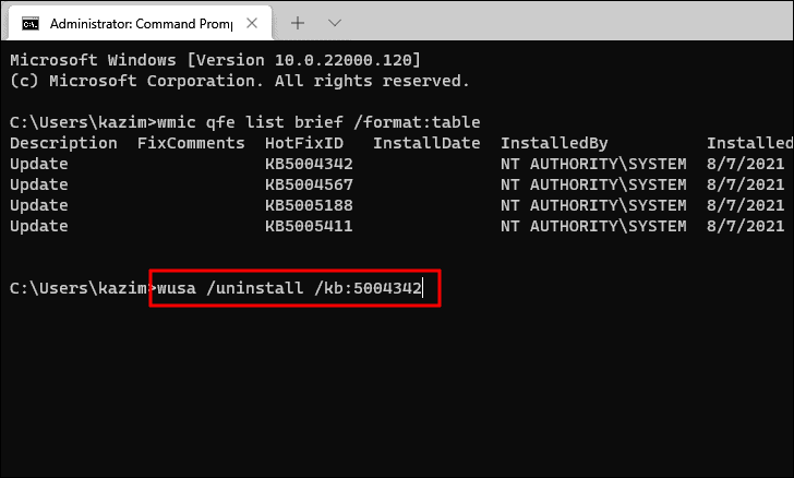 Command to uninstall update