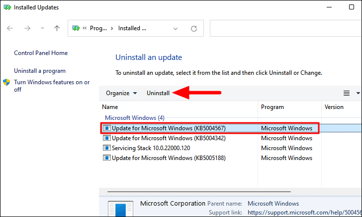 List of installed updates