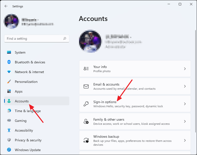 Accounts and Sign-in options in Settings