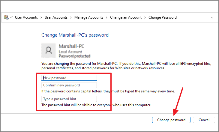 Entering new password and saving changes