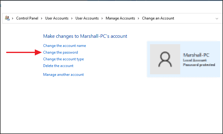 Choosing to change the password