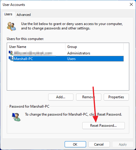 Selecting account to reset password