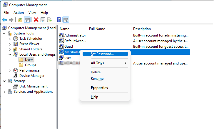 Setting password for user account