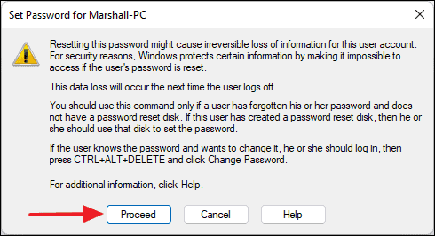 Password reset warning