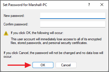 Entering new password in Computer Management