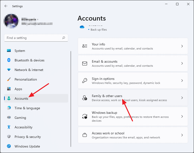 Settings accounts menu