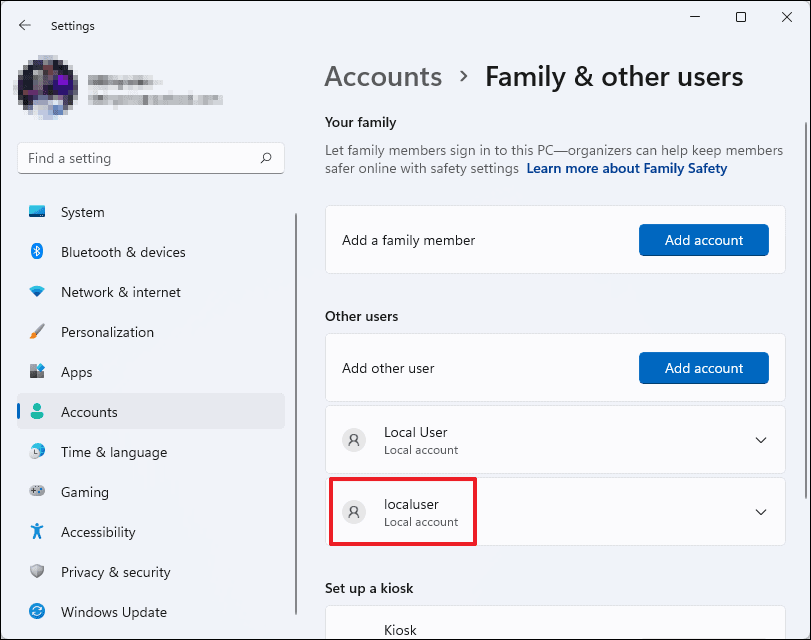New account in Settings