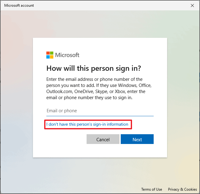 Microsoft account window