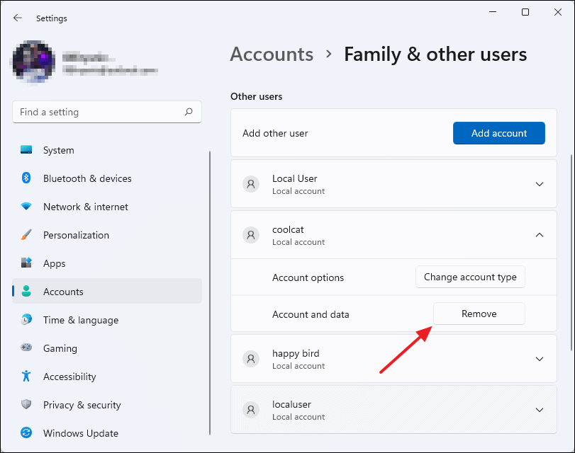 Remove account option