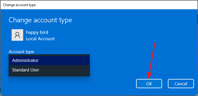 Change account type to Administrator