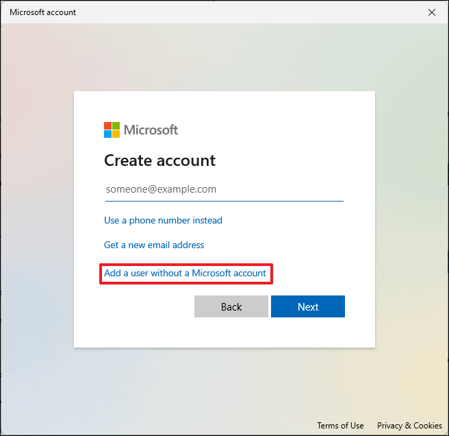 Add user without Microsoft account