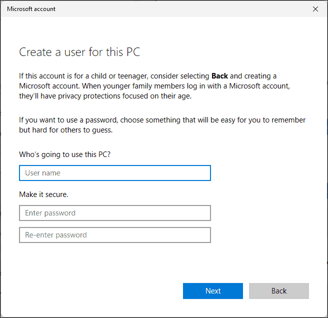 Create local account