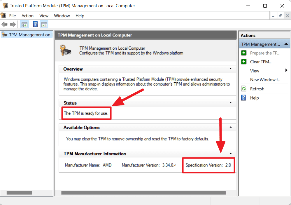 TPM Management tool showing TPM is ready