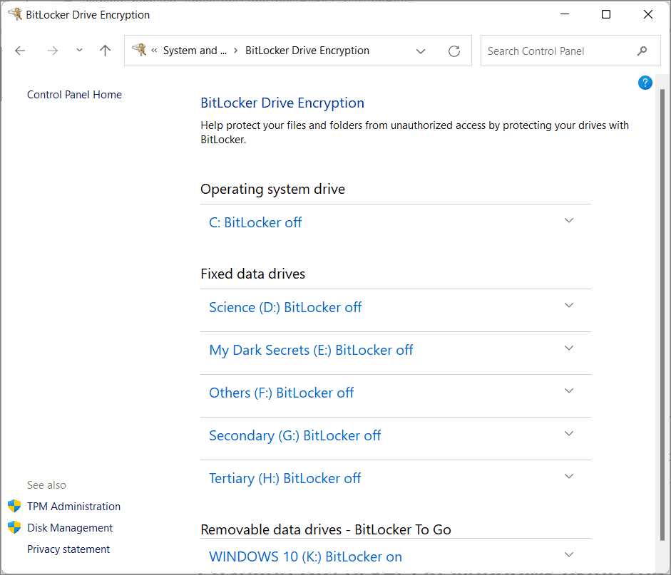 BitLocker Drive Encryption in Control Panel